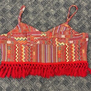 Cider‎ Multicolor Boho Top with Red Fringe